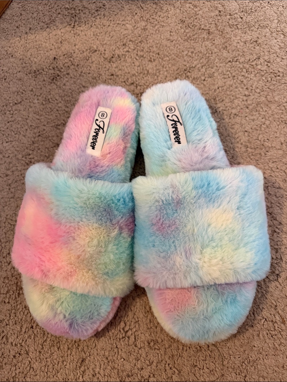 Forever Pastel Rainbow Plush Slide Slippers - Pink, Blue, Purple, Yellow